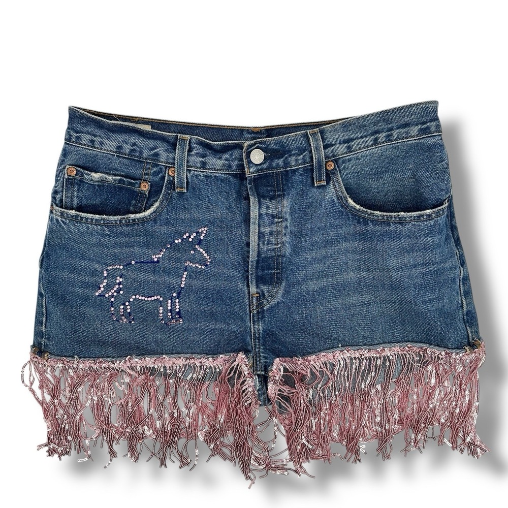 Levi's 501 Premium Custom Cutoff Shorts W30 Rhinestone Fringe Festival Y2K Denim - Picture 2 of 13